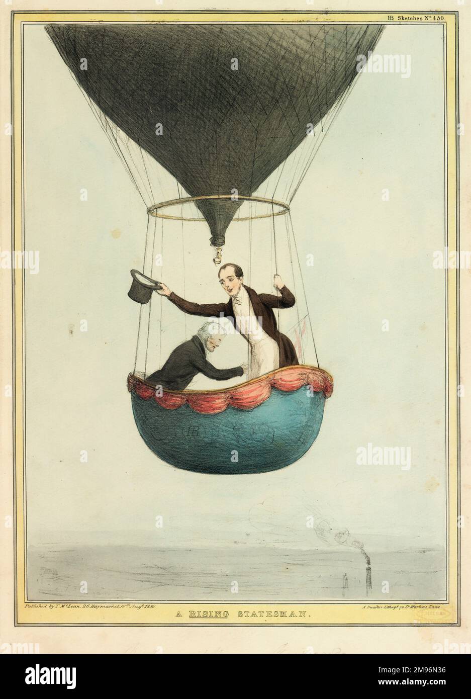 Satirical political cartoon, A Rising Statesman.  Showing a young politician with an older man in a balloon gondola, waving his hat to an imaginary crowd below.  He is Ulick John de Burgh, 1st Marquess of Clanricarde, formerly Lord Dunkellin (1802-1874), a British Whig politician and Irish Peer. Stock Photo