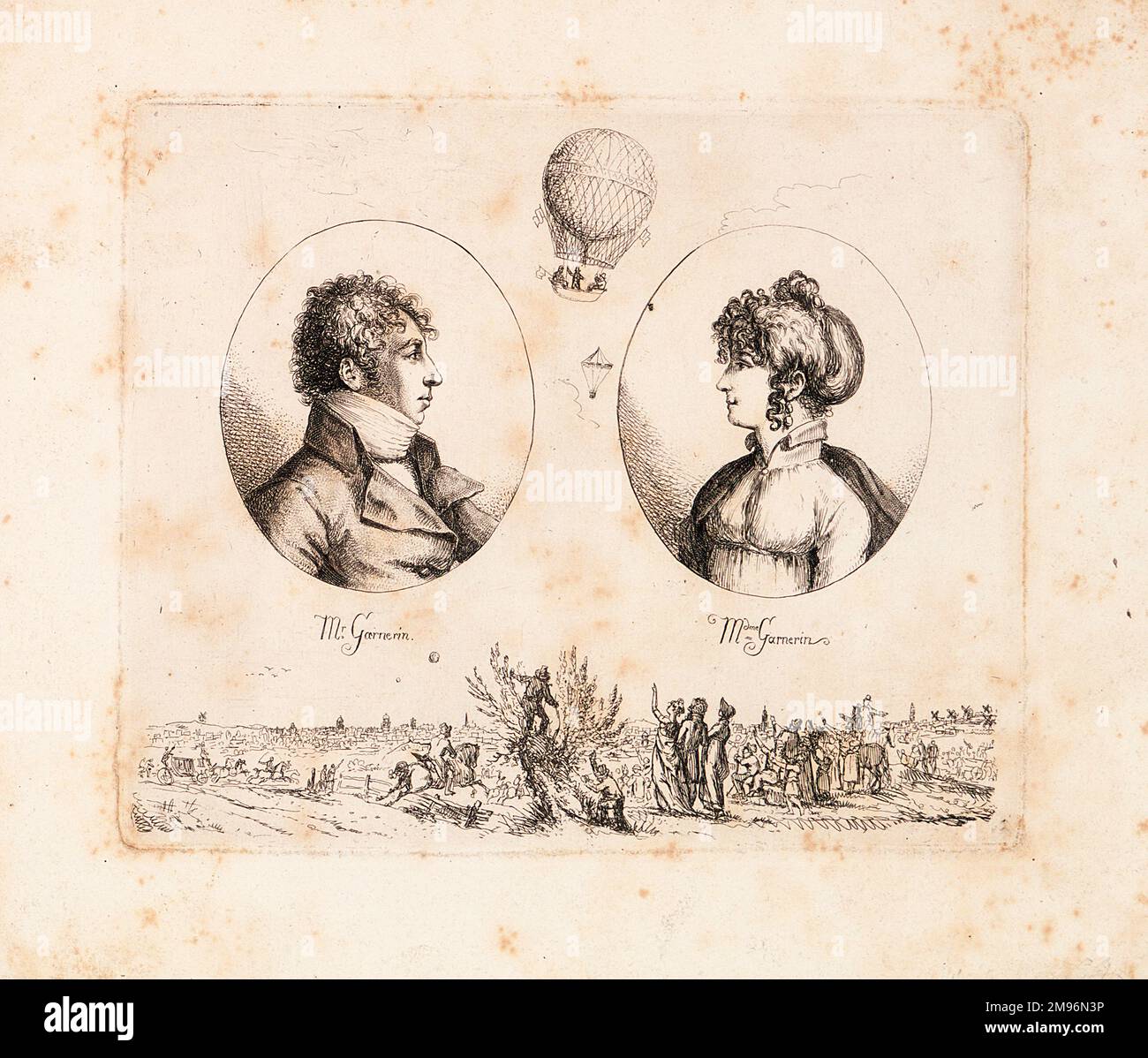 Head and shoulders portraits of Andre-Jacques and Jeanne-Genevieve Garnerin, French ballooning couple, with a small balloon and parachute between them and a scene of spectators below. Stock Photo