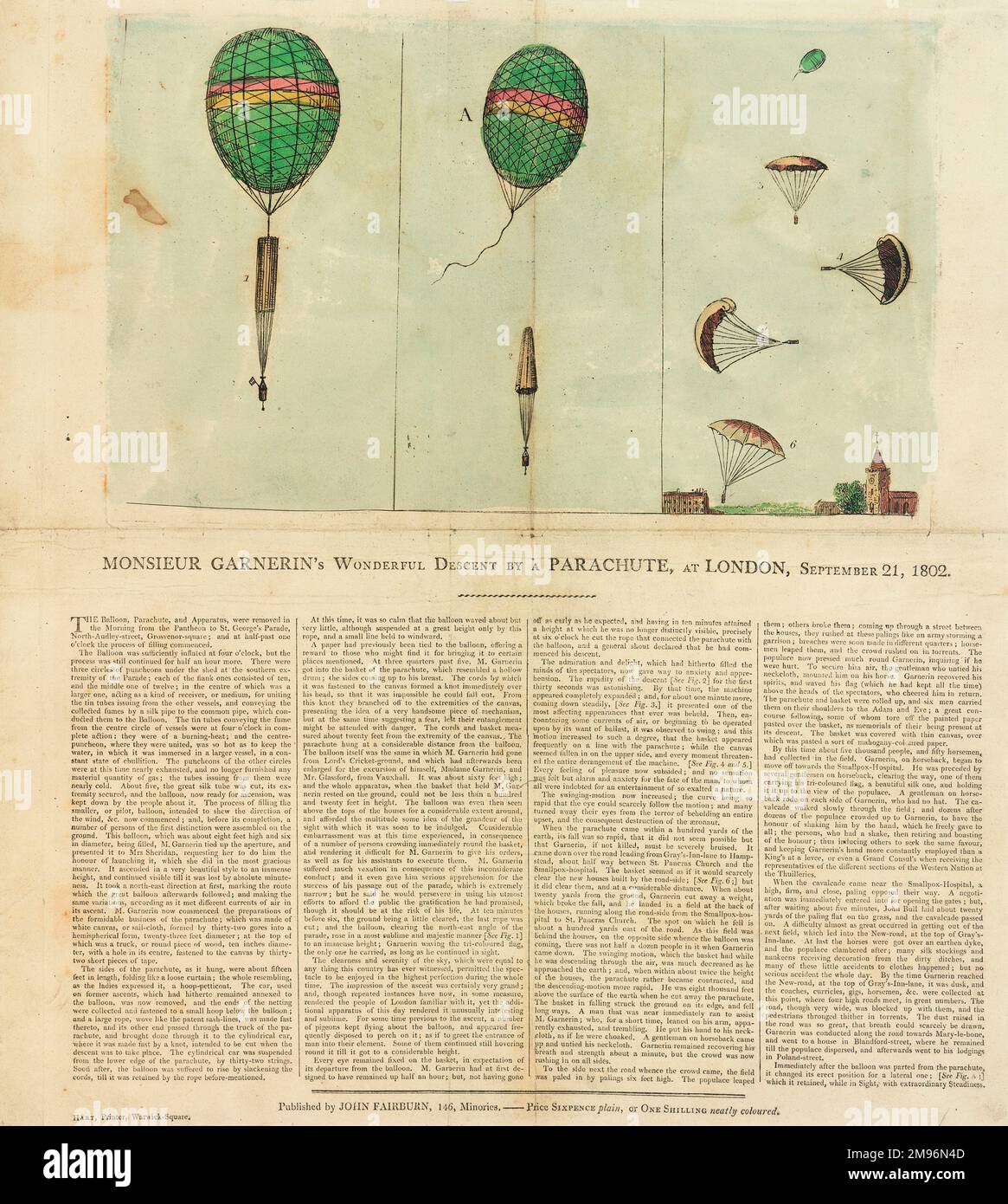 Newspaper report with colour illustrations of Garnerin's descent by