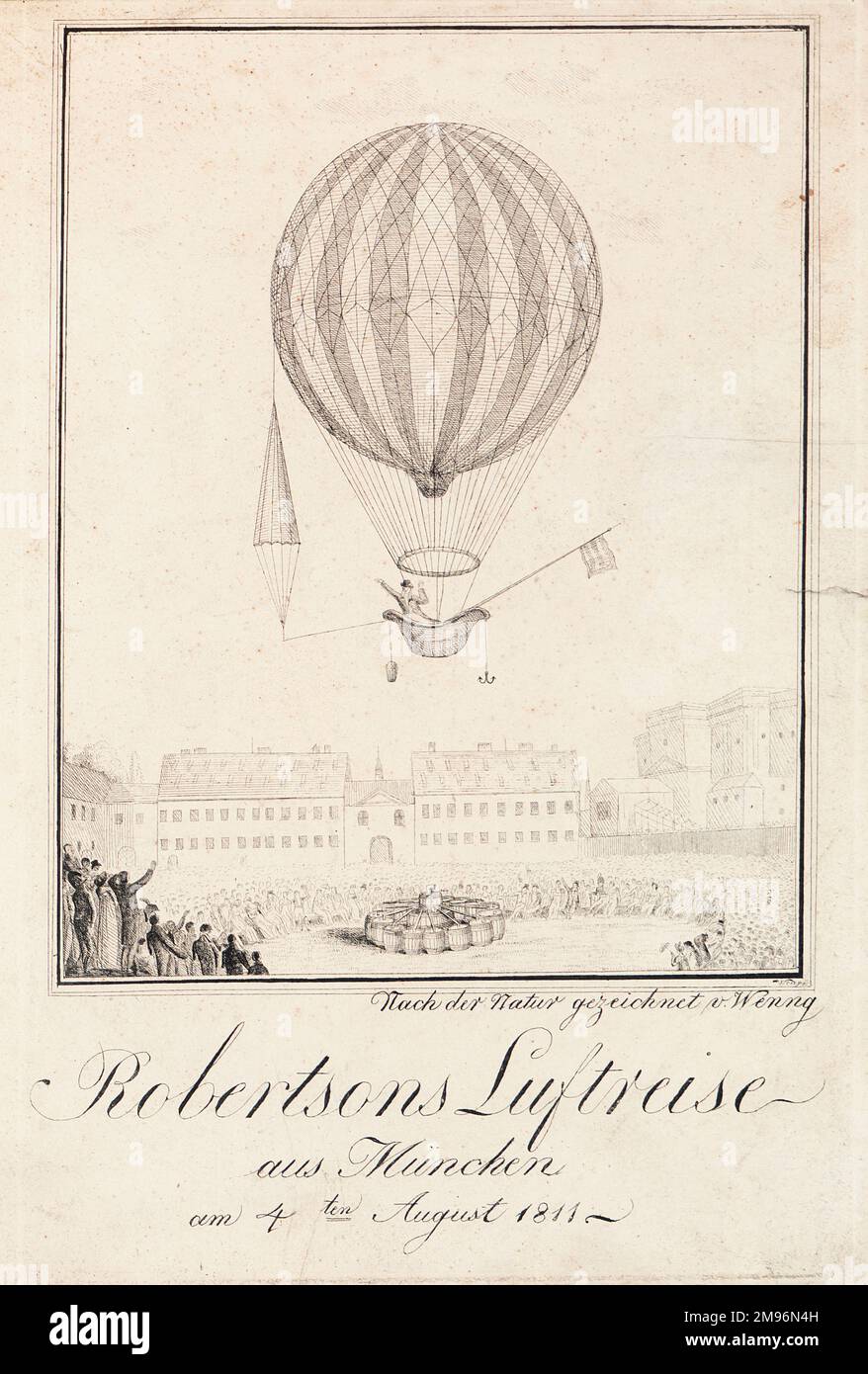 Robertson ascending in a balloon from a square in Munich, Germany, watched by a crowd of spectators.  A small parachute is attached to one side of the balloon, and an anchor and bucket hang from the gondola (boat). Stock Photo