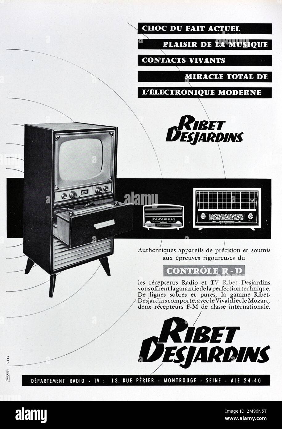 1950s TV Advert, or Advert for 1950s Ribet Desjardins Television Set and Radios 1957 Vintage or Old Advert, Advertisement, Publicity or Illustration Stock Photo