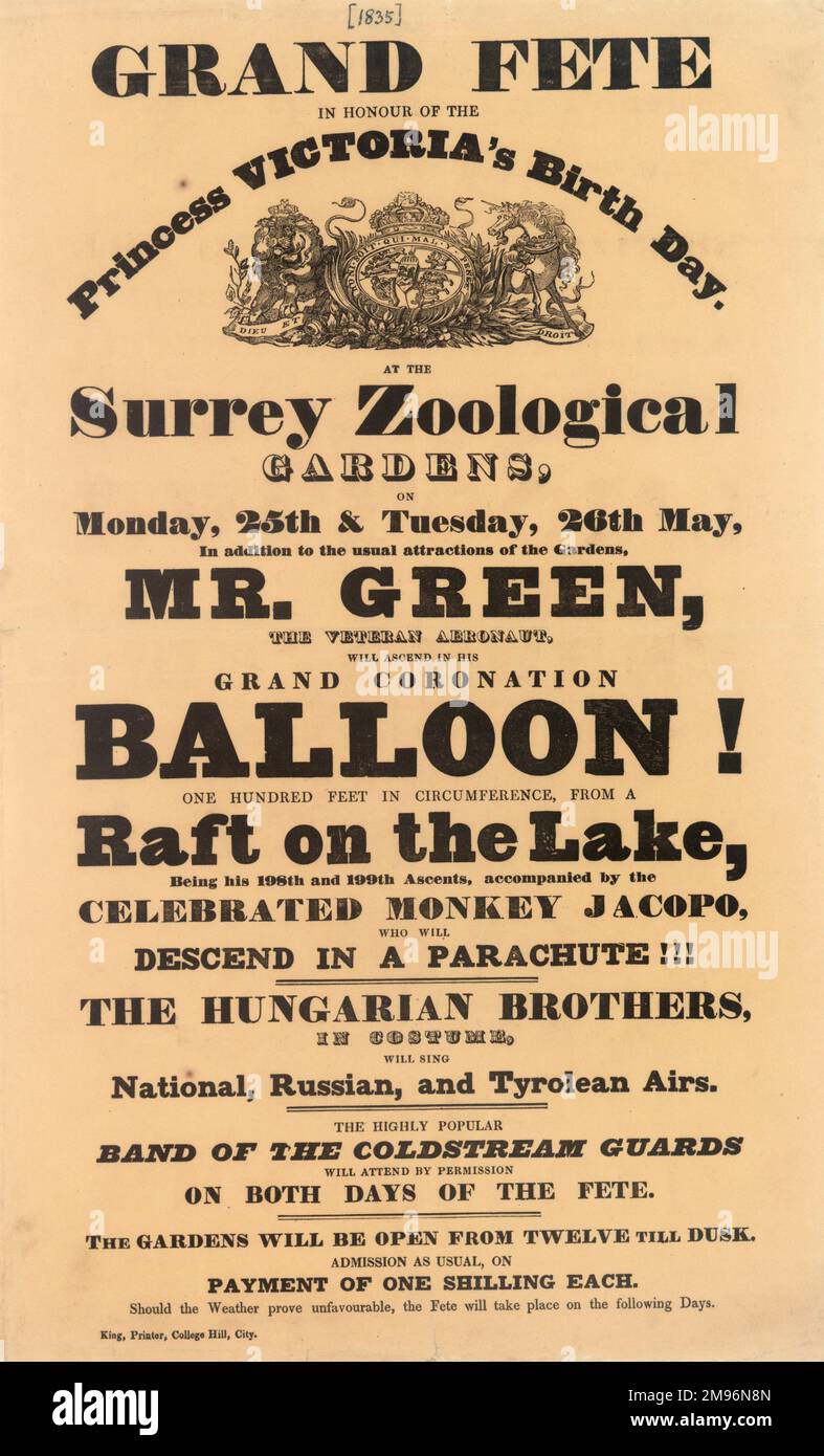 Grand Fete in Honour of the Princess Victoria's Birthday at the Surrey Zoological Gardens, Monday 25th & Tuesday 26th May, Mr Charles Green in his Grand Coronation Balloon, 198th and 199th ascent from a raft on the lake, accompanied by the celebrated monkey Jacopo who will descend in a parachute. Stock Photo