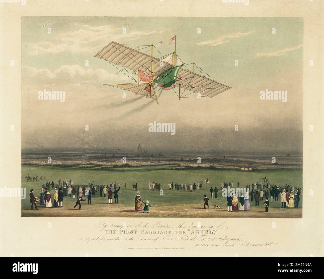 The Aerial Steam Carriage, or Ariel.  An artist's imaginary representation of a propeller-driven flying machine with wings. 'By Permission of  the Patentees, this Engraving of The First Carriage, The Aerial, is respectfully inscribed to the Directors of the Aerial Transit Company.'  It was patented by William Samuel Henson (1812-1888) and John Stringfellow (1799-1883) in 1842. Stock Photo