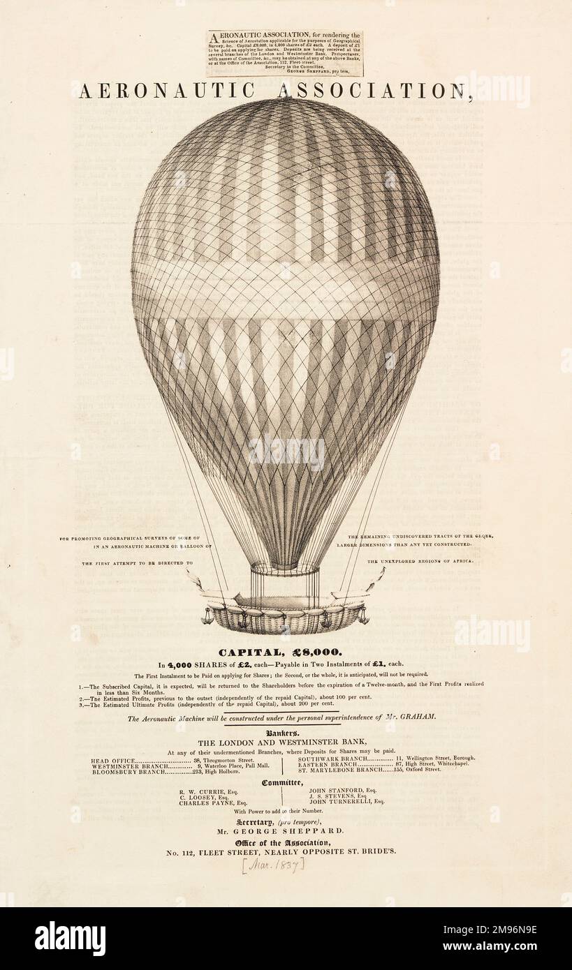 Page of a prospectus promoting the purchase of shares in the balloon company, 'Aeronautic Association - For promoting geographical surveys of some of the remaining undiscovered tracts of the globe'  To be constructed under the personal superintendence of Mr Graham.  (2 of 2, with text) Stock Photo