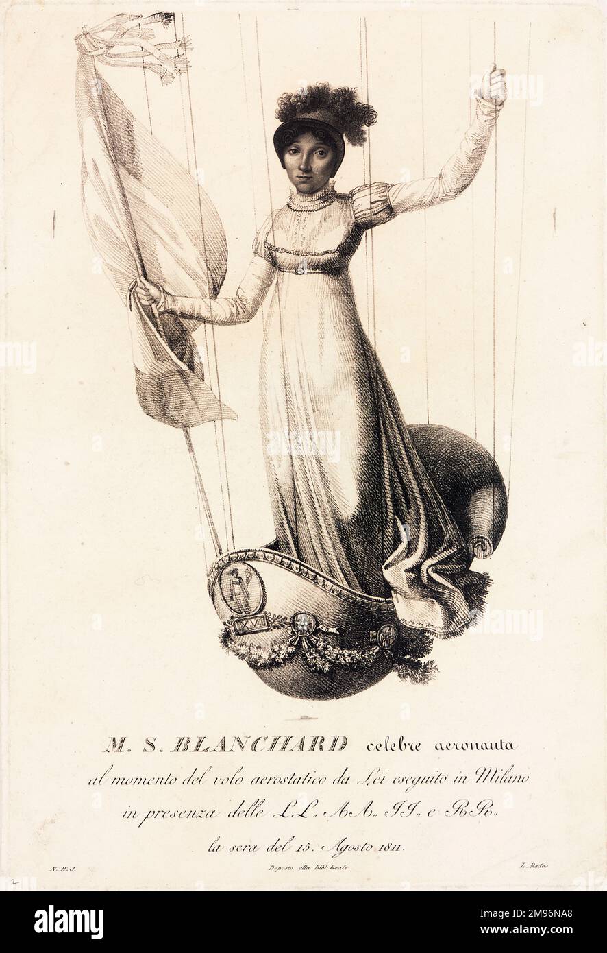 Sophie Blanchard (1778-1819), famous French aeronaut, in a night-time balloon ascent performed in Milan, Italy, in the presence of Napoleon, to mark his 42nd birthday. Stock Photo