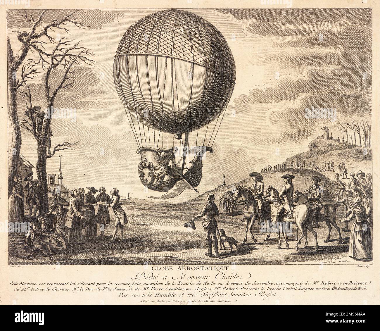 Balloon ascent by M Charles from the Prairie de Nesle, northern France, where it had landed after taking off from the Tuileries Gardens, Paris, on 1 December 1783.  Seen here ascending for the second time.  M Robert, who accompanied Charles from Paris, can be seen on the ground (left), taking witness statements.  It was the first hydrogen balloon flight. Stock Photo