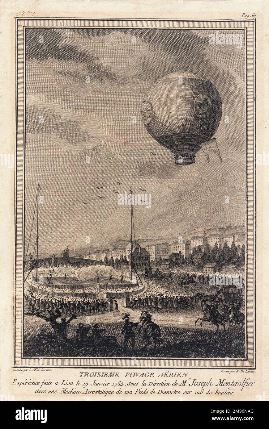 Third balloon ascent in Lyons, France, under the direction of Joseph de Montgolfier, showing the balloon known as Le Flesselle in flight above the city. Stock Photo