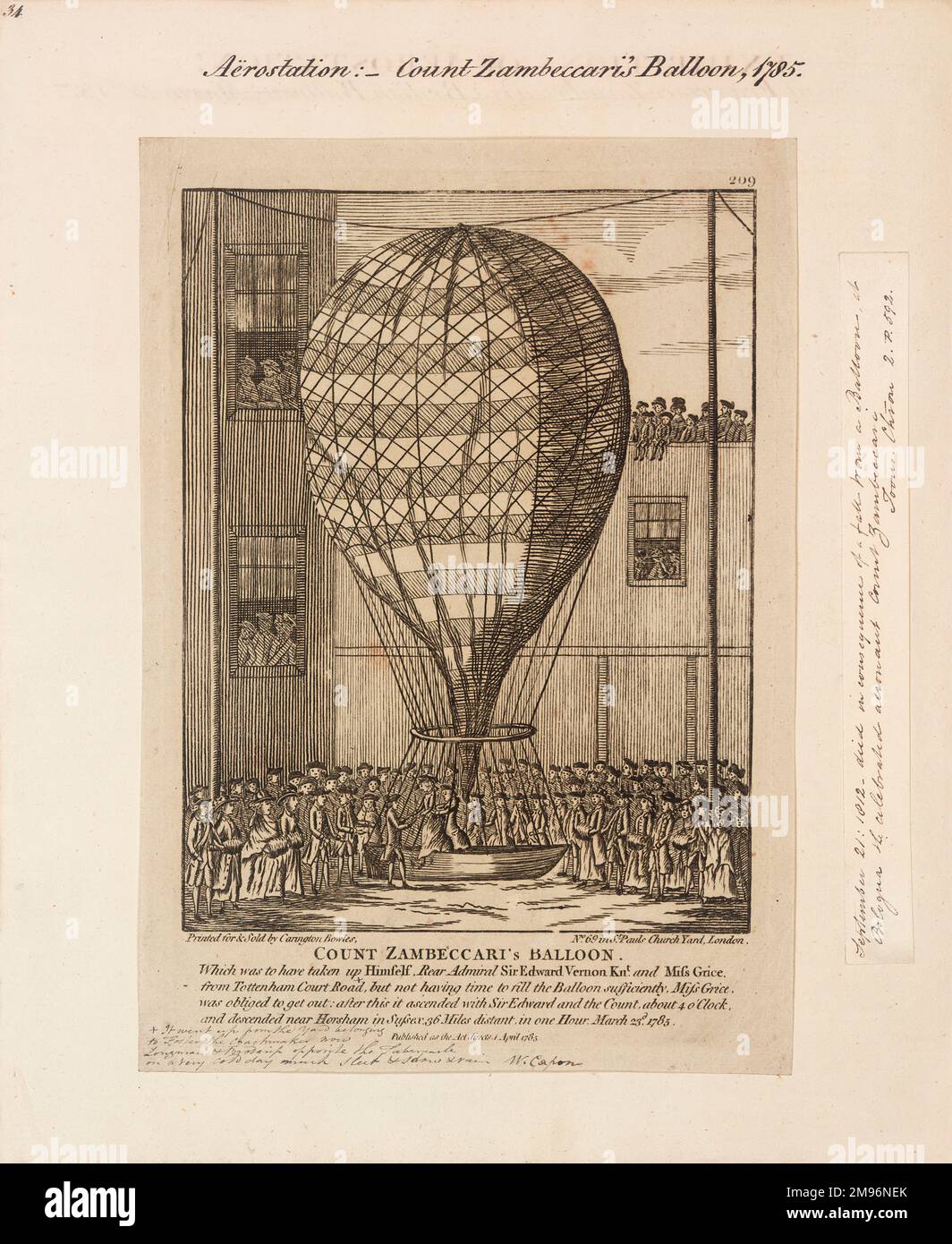 Count Zambeccari's balloon Showing Miss Grice having to dismount so that the payload will be light enough to enable the flight from Tottenham Court Road. The reduced crew consisted of Count Zambeccari and Rear Admiral Sir Edward Vernon. They descended near Horsham, Sussex, 36 miles away. Stock Photo