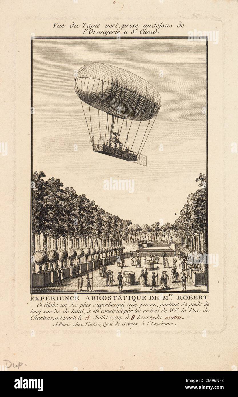 Second balloon ascent by the Robert brothers and two others from the Parc de St Cloud, Paris. They descended not far away, in the Parc de Meudon, near the Etang de la Garenne. Stock Photo