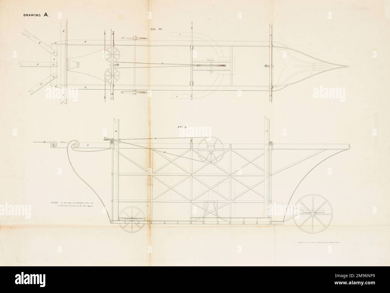 The Aerial Steam Carriage -- enlarged view of the car or carriage.  This flying machine was patented by William Samuel Henson (1812-1888) and John Stringfellow (1799-1883) in 1842. Stock Photo