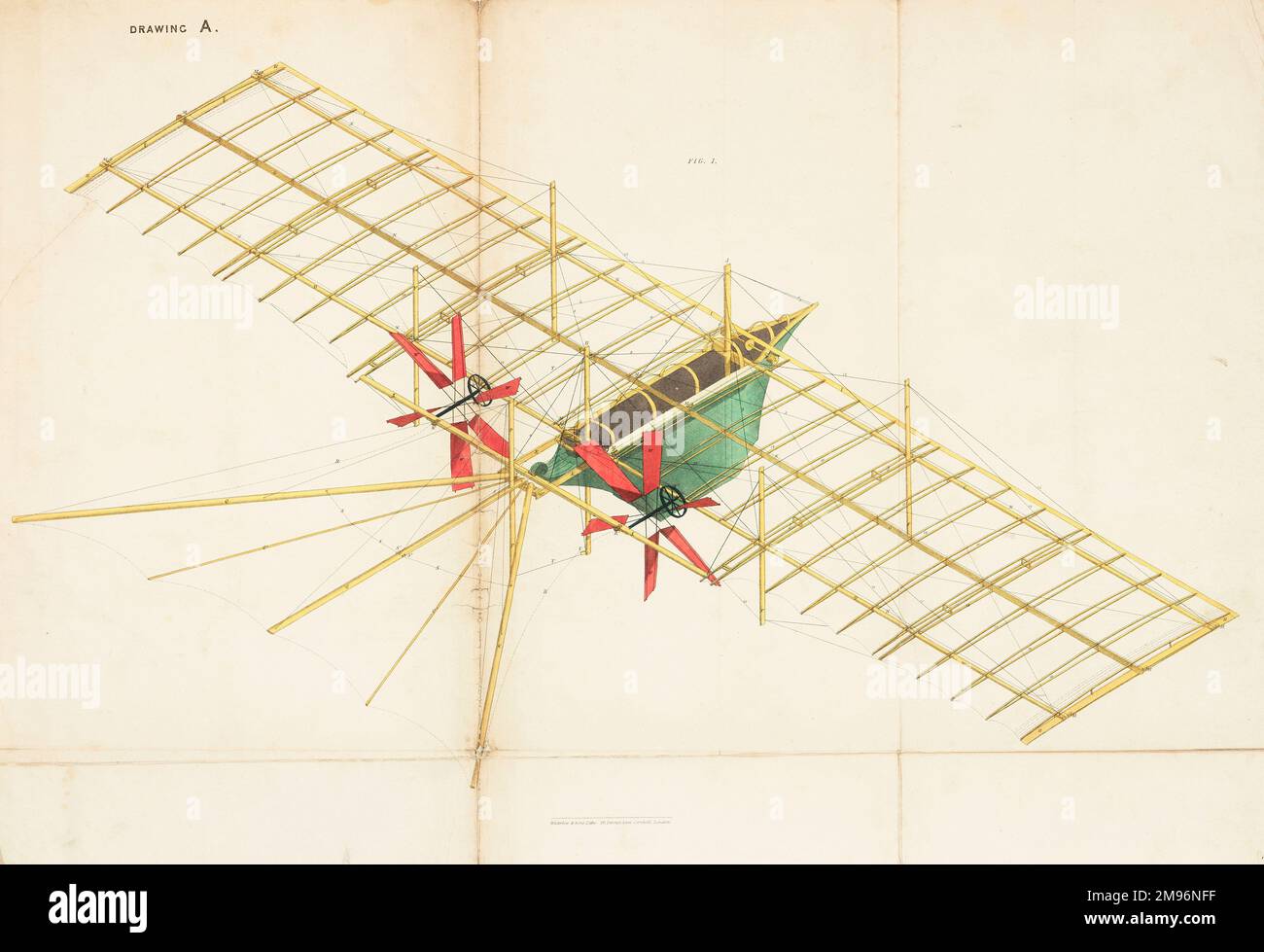 The Aerial Steam Carriage -- view with covering fabric removed.  This flying machine was patented by William Samuel Henson (1812-1888) and John Stringfellow (1799-1883) in 1842. Stock Photo
