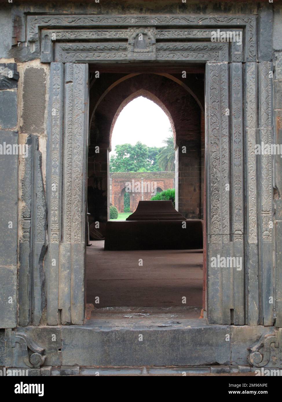 India, West Bengal, Pandua: Adina Mosque or Jami Masjid (1364 AD), view into the interior, tomb. Stock Photo