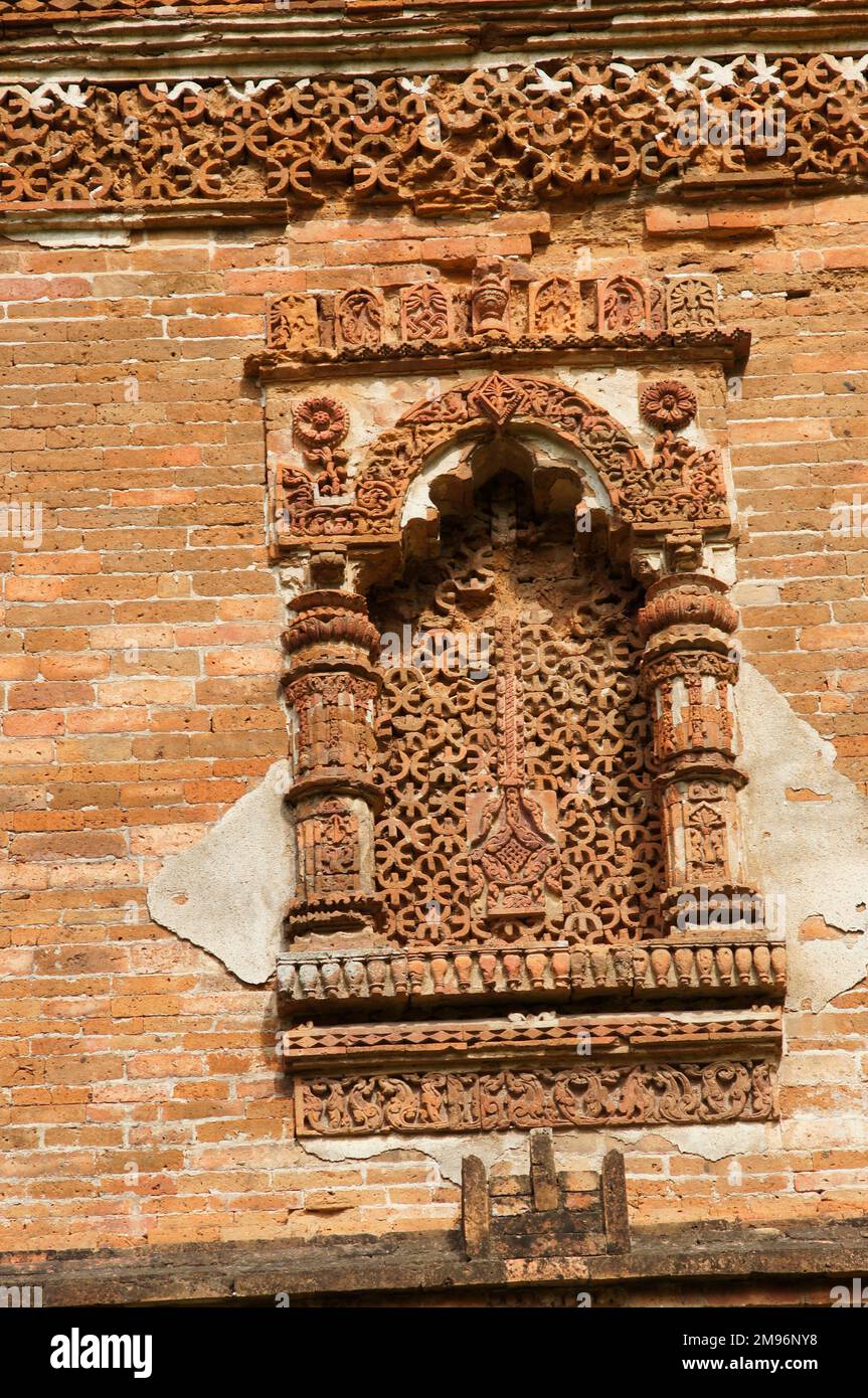 India, West Bengal, Pandua: Adina Mosque or Jami Masjid (1364 AD), brick ornaments on the outer wall. Stock Photo