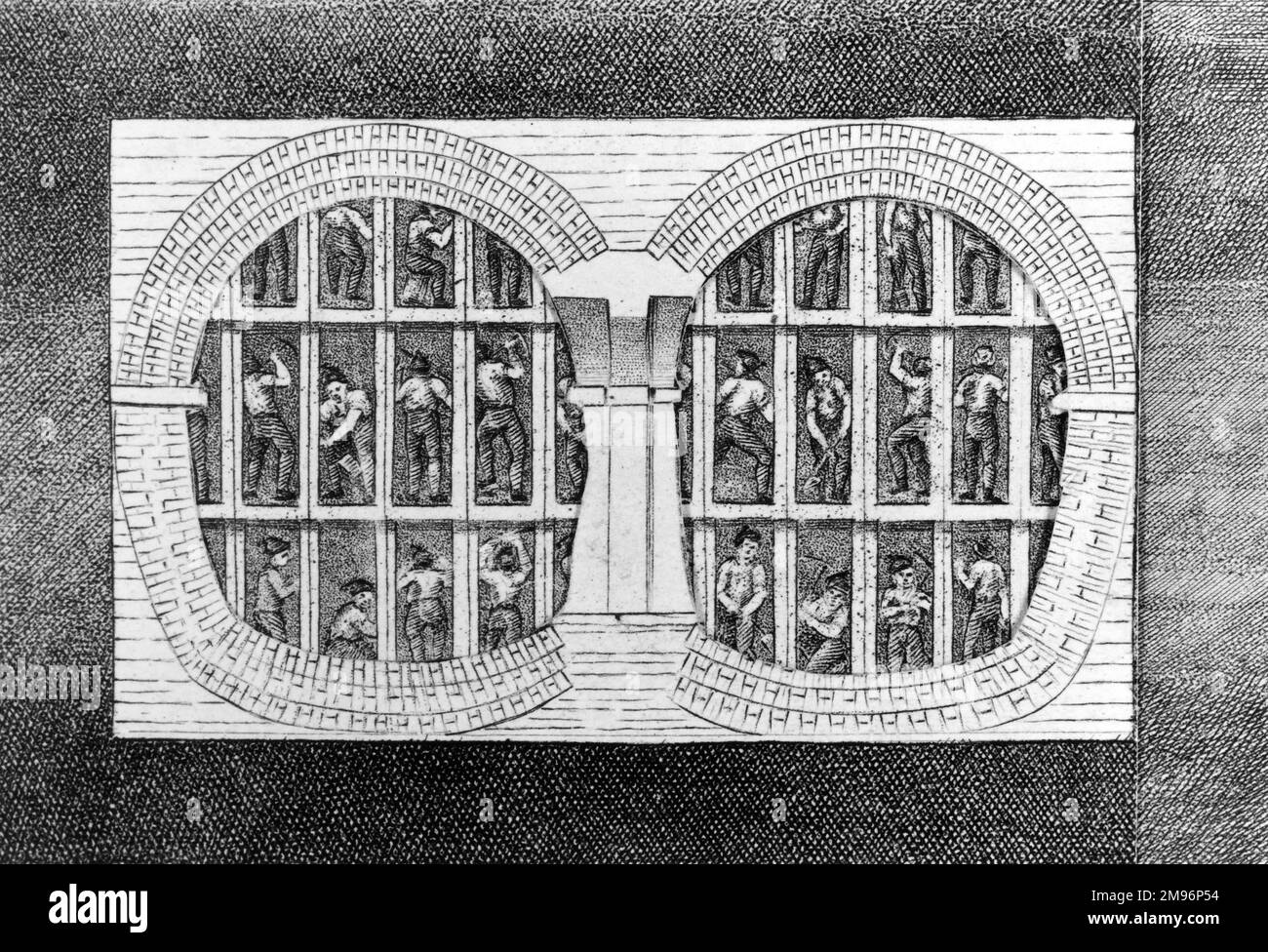 A detailed illustrated cross section of Brunel's Thames Tunnel in London during its construction. Stock Photo