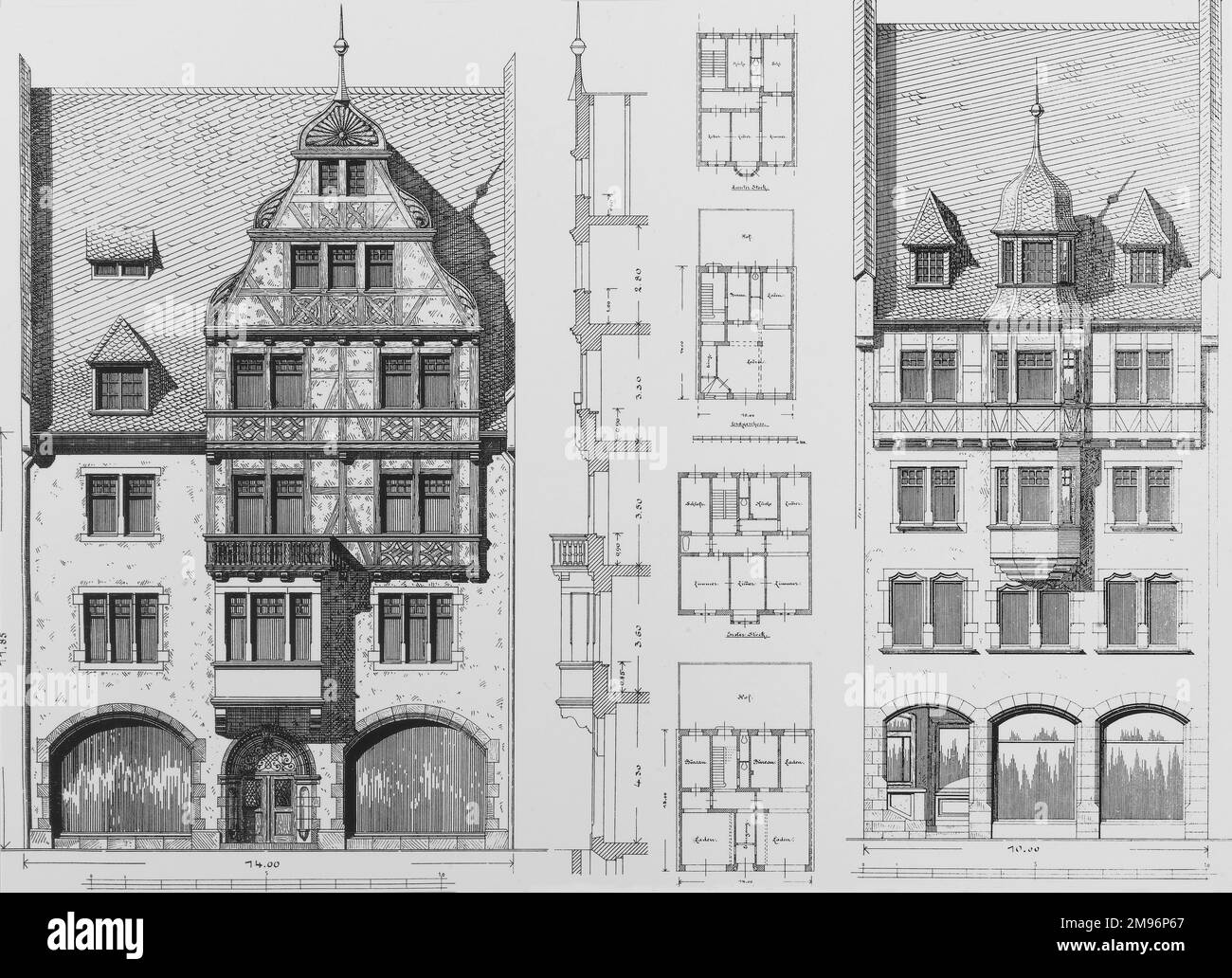 A detailed illistration of a German regional building along with its floor plan. Stock Photo