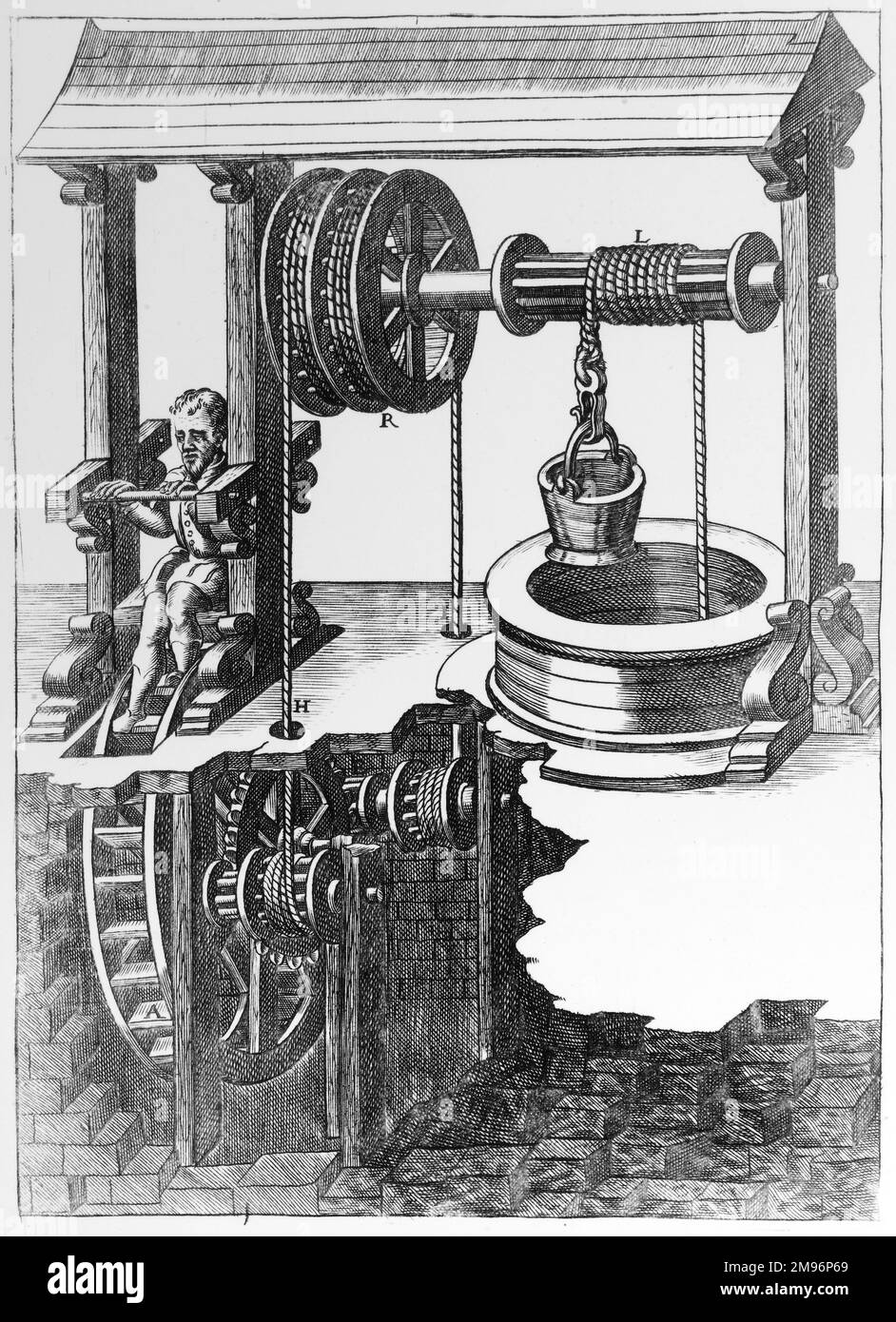 An engraving of a 1588 pedal powered well designed to use human strength to lift large quantities of underground stored water. Stock Photo