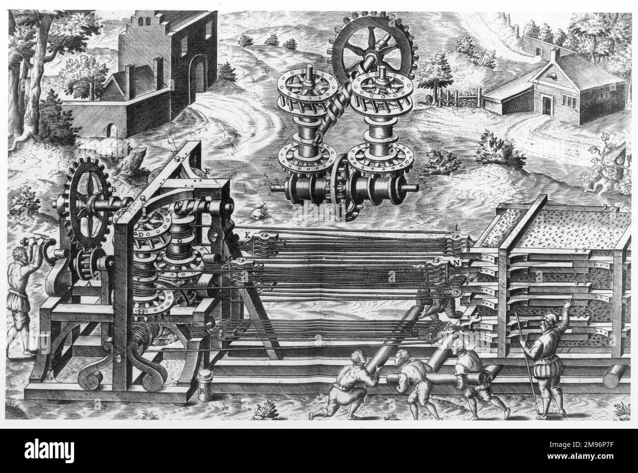 A complex and technical design of a 16th century pulley system Stock