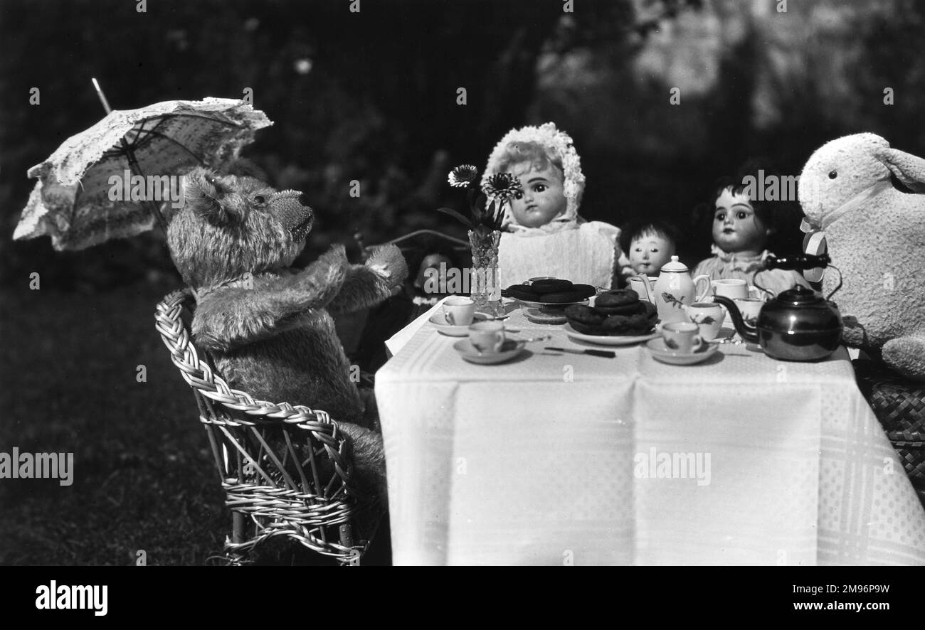 https://c8.alamy.com/comp/2M96P9W/four-dolls-a-teddy-bear-with-a-parasol-and-a-rabbit-enjoying-a-tea-party-the-table-is-set-with-miniature-cups-saucers-teapot-and-kettle-a-vase-of-flowers-and-some-cakes-and-biscuits-2M96P9W.jpg