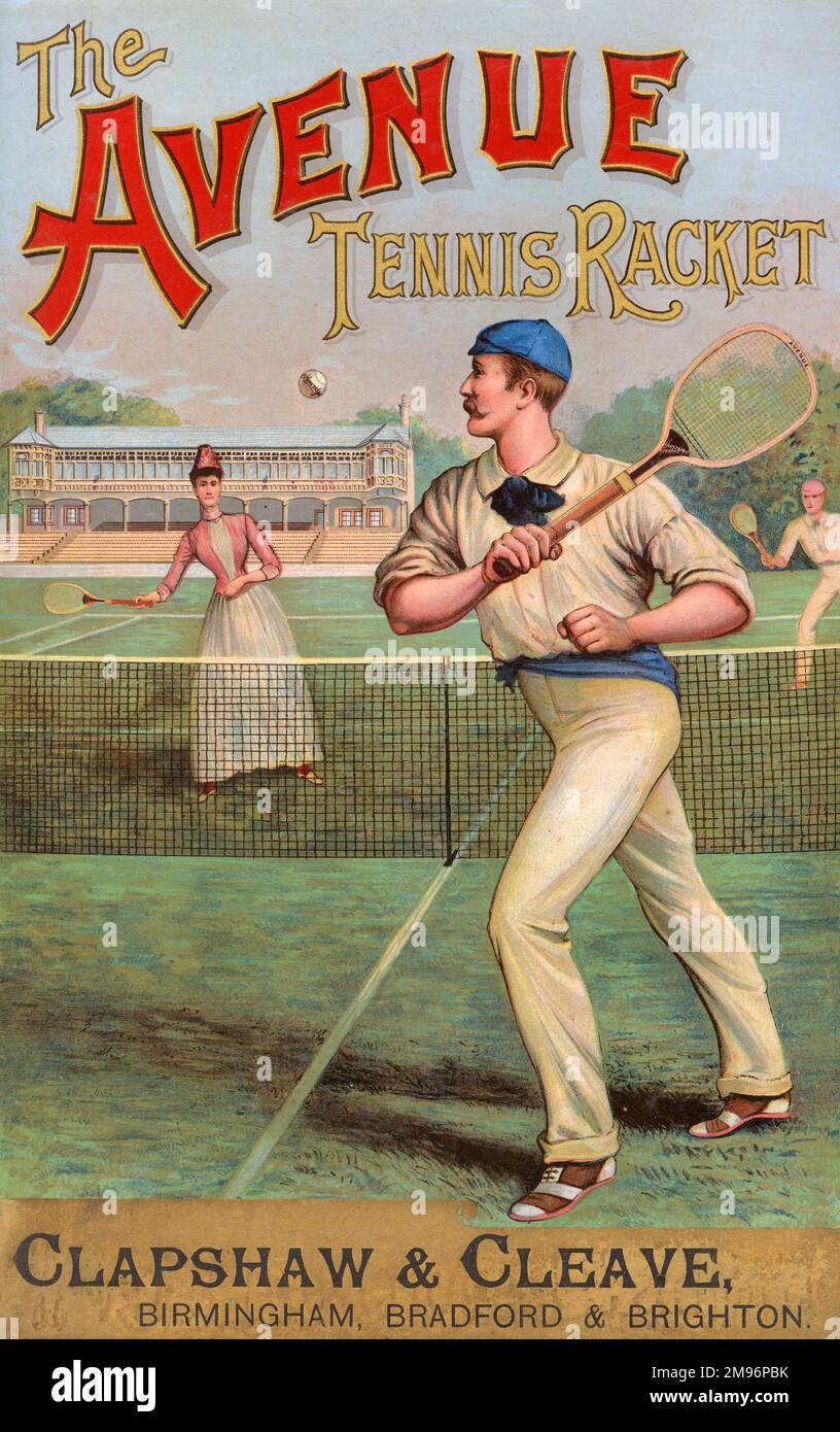 An exquisite advertising show card from around 1890 for The Avenue tennis racquet manufactured by Clapshaw and Cleave of Birmingham, Bradford and Brighton.  Images show a mixed doubles tennis match at a tennis club,with a smart pavilion in the background. Stock Photo