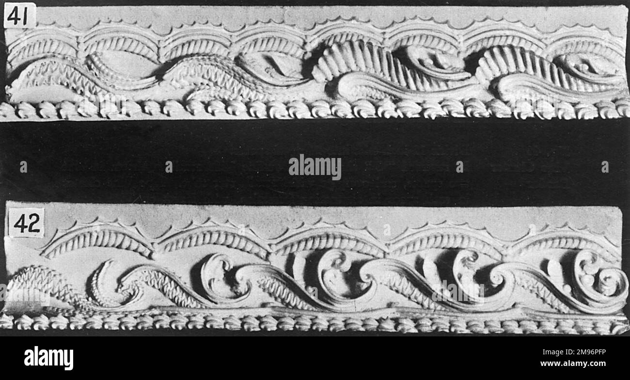 Cake Border and Side Scroll Designs, (41) Serrated Scroll Base Border, (42) Reversed 'S' and 'C' Scroll Base Border. Stock Photo