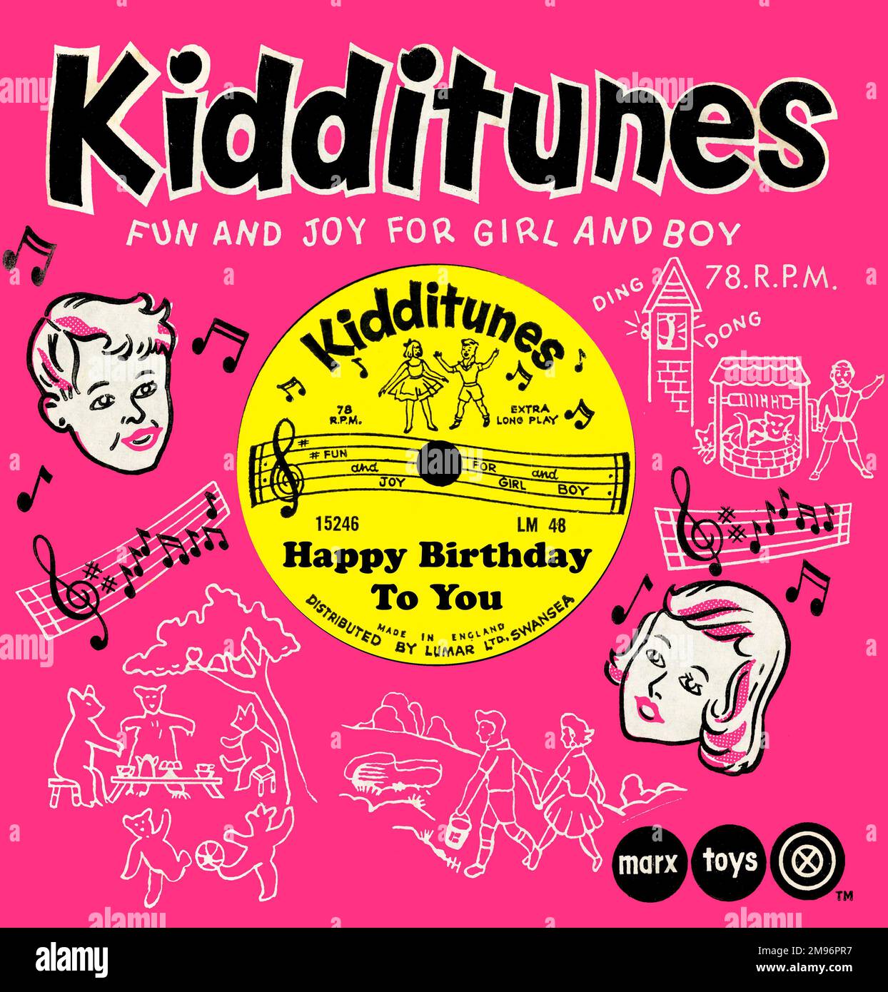 A 78rpm 'Kidditunes' disc of the popular ditty Happy Birthday To You! The sleeve features illustrations of popular Nursery Rhymes.    'Fun and Joy for Girl and Boy' Stock Photo