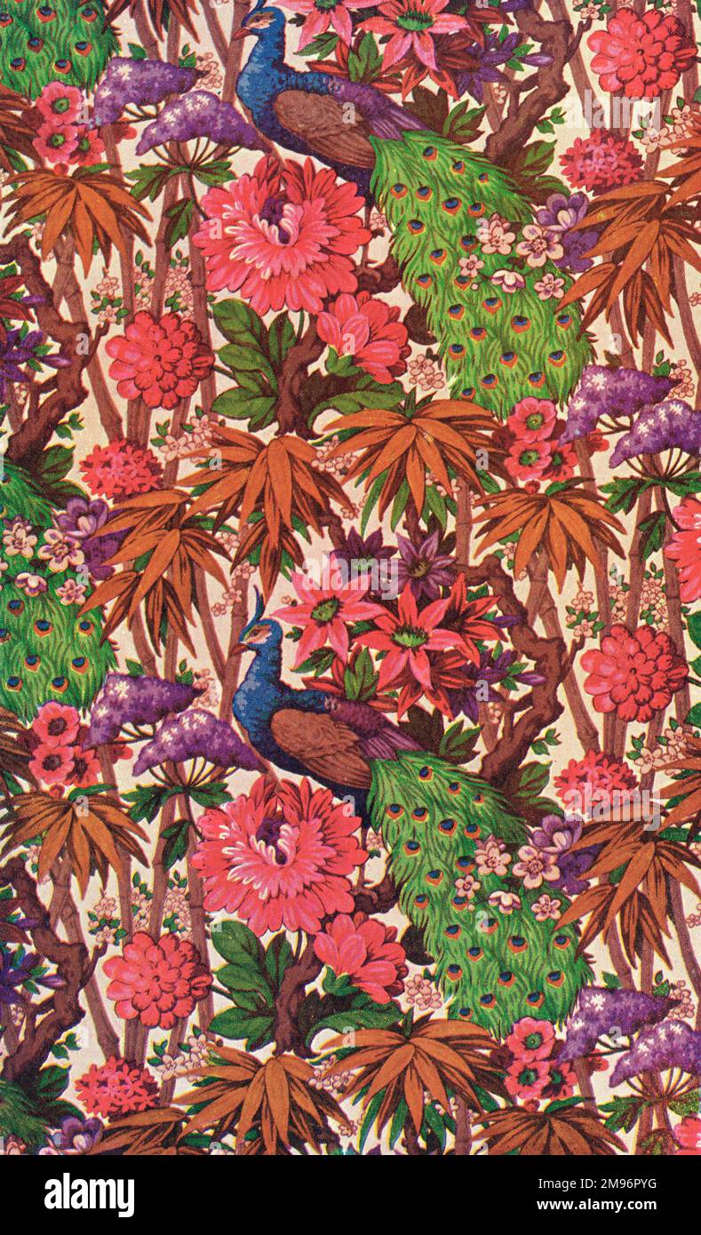 A brightly-coloured design with peacocks perched on branches, surrounded by exotic flowers. Stock Photo
