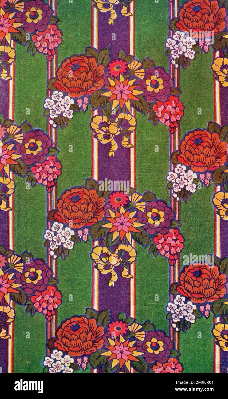 Pattern for fabric with brightly coloured flowers on a background of green and purple stripes. Stock Photo