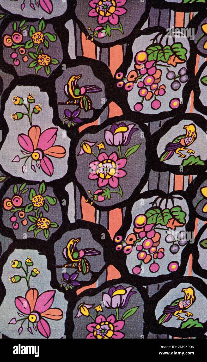 Brightly-coloured fabric pattern depicting birds, flowers and fruits. Stock Photo