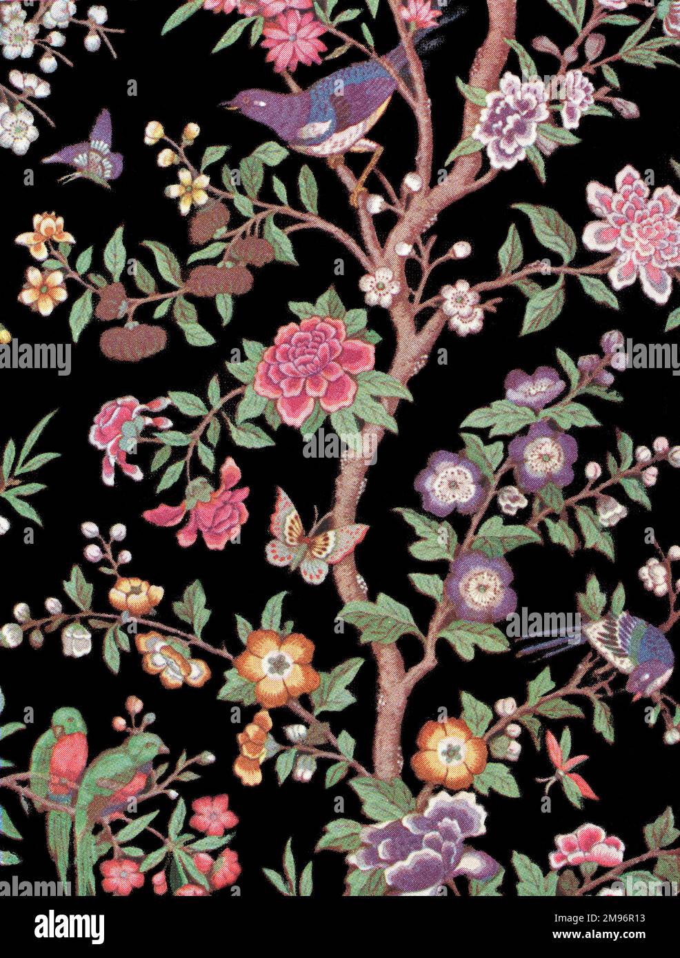 Wallpaper design featuring birds perched on branches, surrounded by