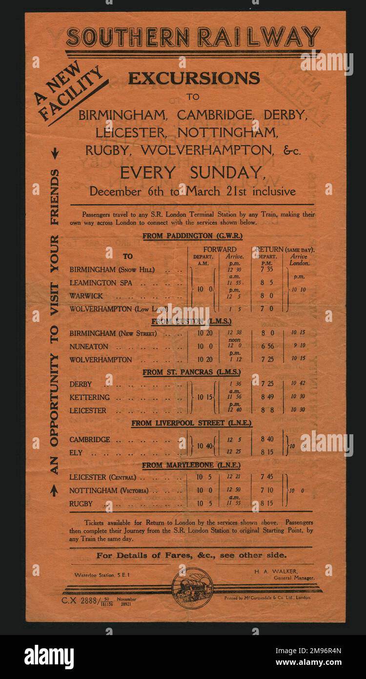 Advertisement for Southern Railway Excursions to Birmingham, Cambridge, Derby, Leicester, Nottingham, Rugby, Wolverhampton, etc, every Sunday from December to March.  With details of services from Paddington, Euston, St Pancras, Liverpool Street and Marylebone.   (1 of 2) Stock Photo
