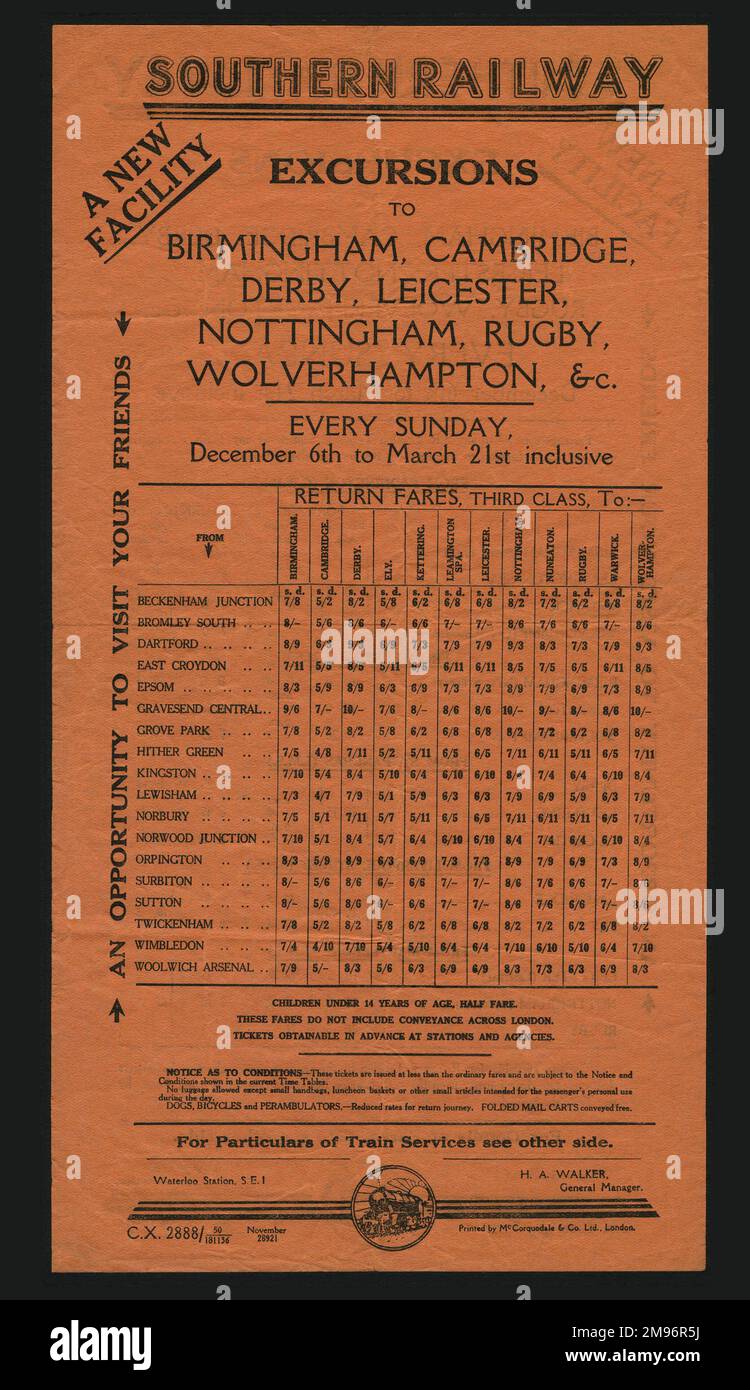 Advertisement for Southern Railway Excursions to Birmingham, Cambridge, Derby, Leicester, Nottingham, Rugby, Wolverhampton, etc, every Sunday from December to March.  With details of third class return fares from various suburban London stations.   (2 of 2) Stock Photo