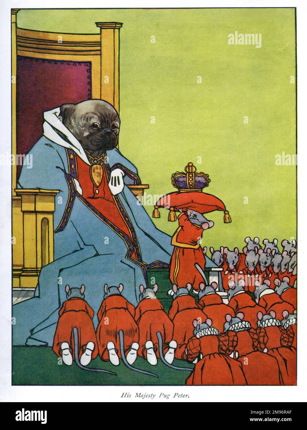 Pug Peter -- His Majesty Pug Peter.  Seen here seated on a throne with his mouse subjects kneeling in reverence.  One mouse holds up a crown on a red cushion. Stock Photo