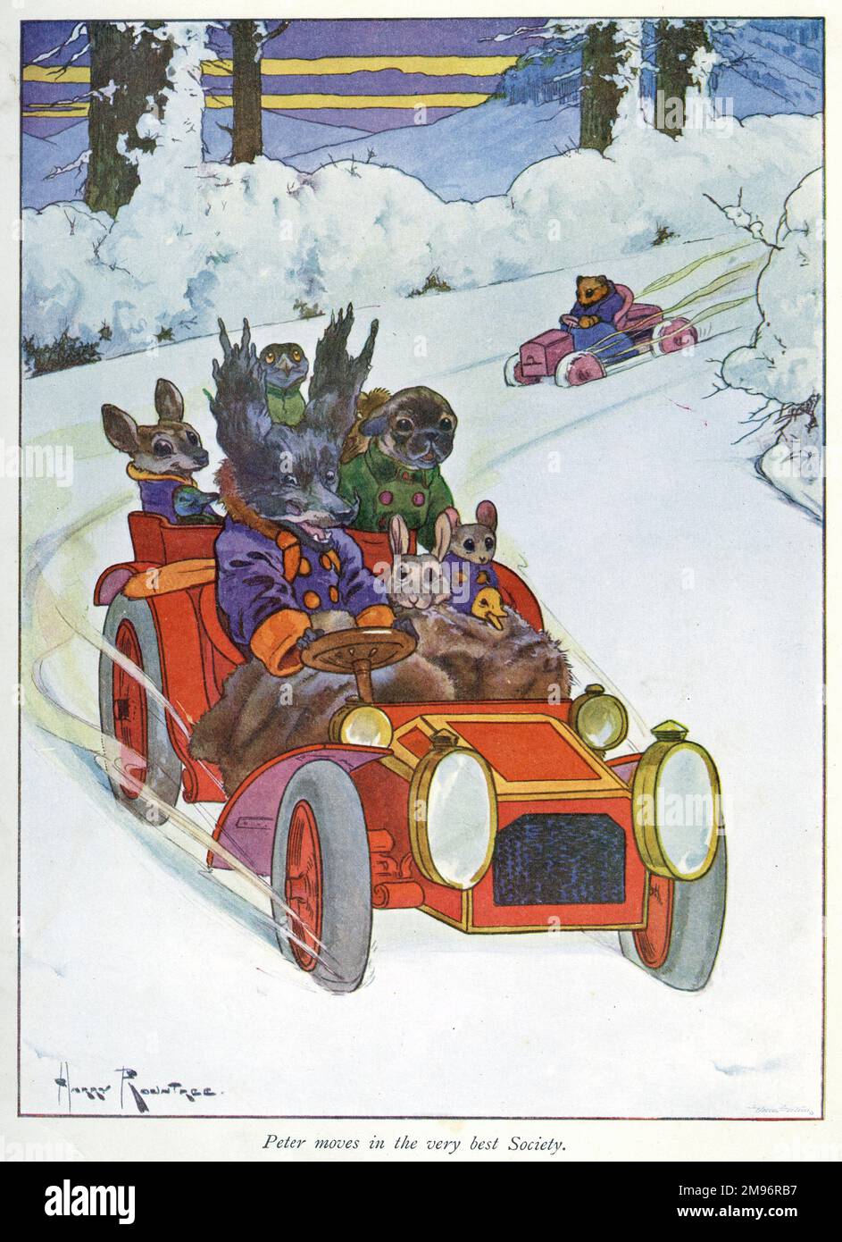 Pug Peter -- Peter moves in the very best Society.  A group of assorted animals driving through the snow in a red car. Stock Photo