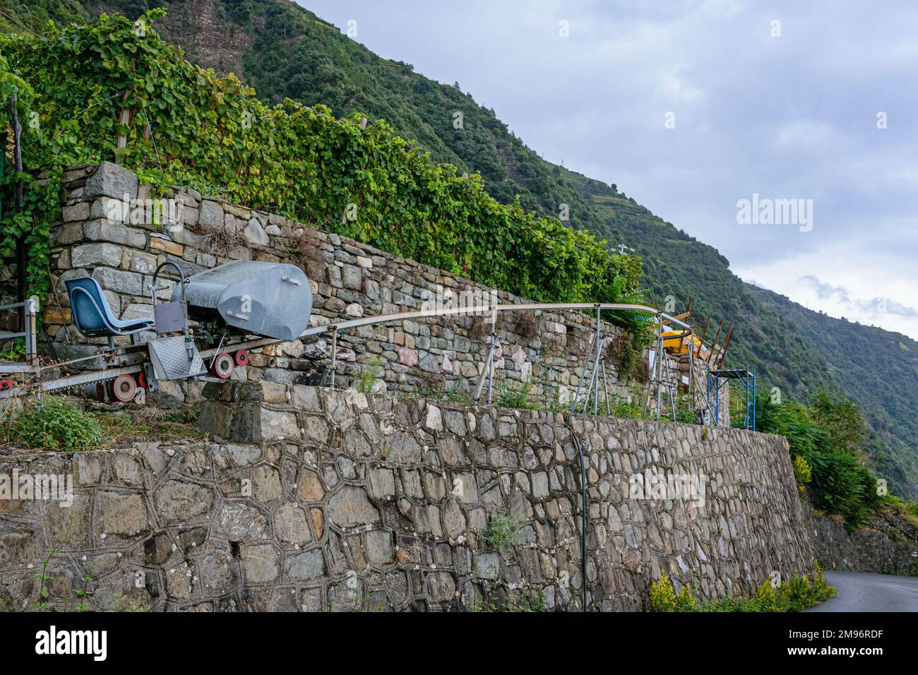 Small railway used to tend and harvest grapes on the steep slopes of above Corniglio, a small cliff-top village in the Cinque Terra, Italy Stock Photo