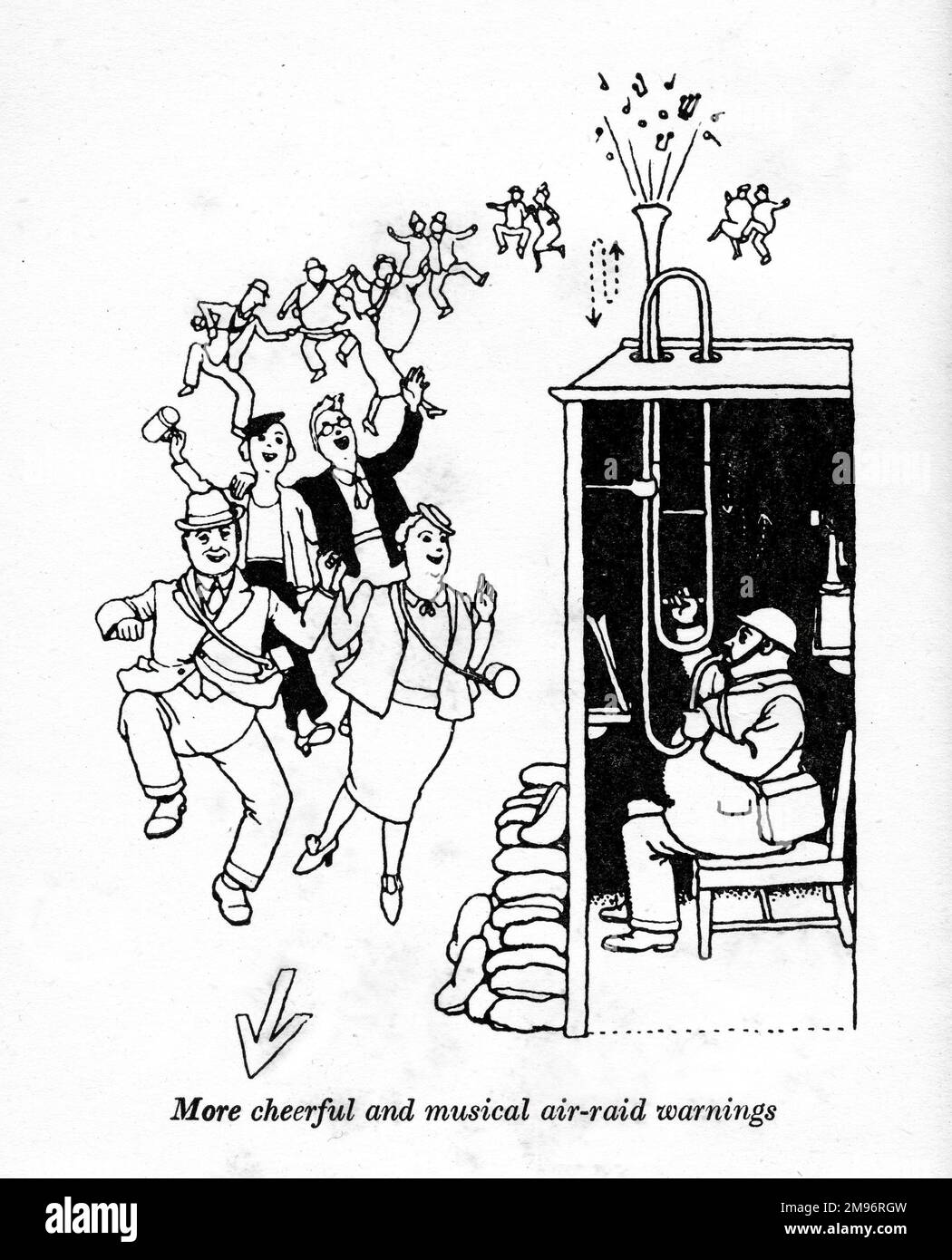 Heath Robinson - Wartime Cartoons - WWII.  More cheerful and musical air raid warnings, which encourage people to dance. Stock Photo