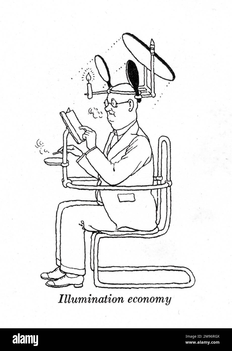 Heath Robinson - Wartime Cartoons - WWII.  Illumination economy, with a candle and three mirrors. Stock Photo