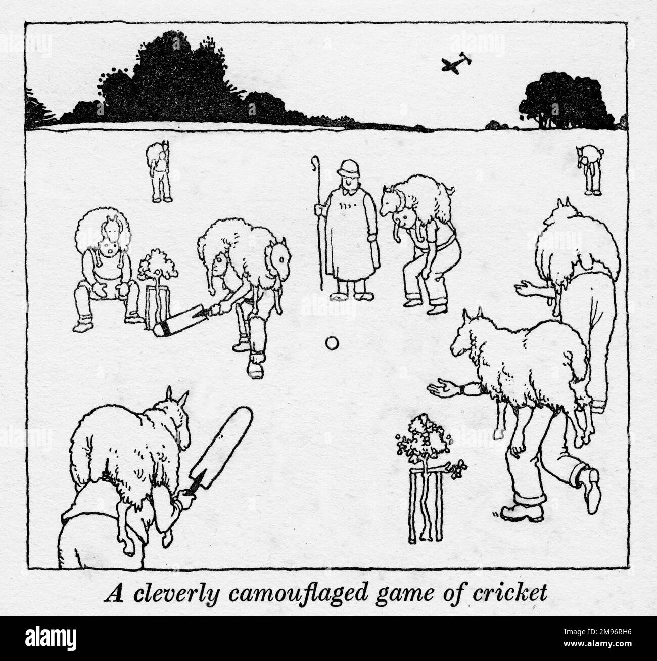 Heath Robinson - Wartime Cartoons - WWII.  A cleverly camouflaged game of cricket. Stock Photo