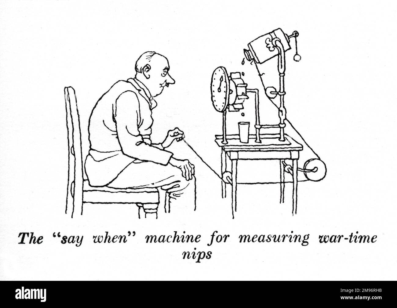 Heath Robinson - Wartime Cartoons - WWII.  The 'say when' machine for measuring wartime nips. Stock Photo