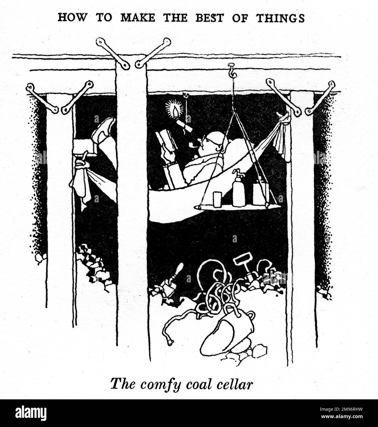 Heath Robinson - Wartime Cartoons - WWII.  The comfy coal cellar. Stock Photo