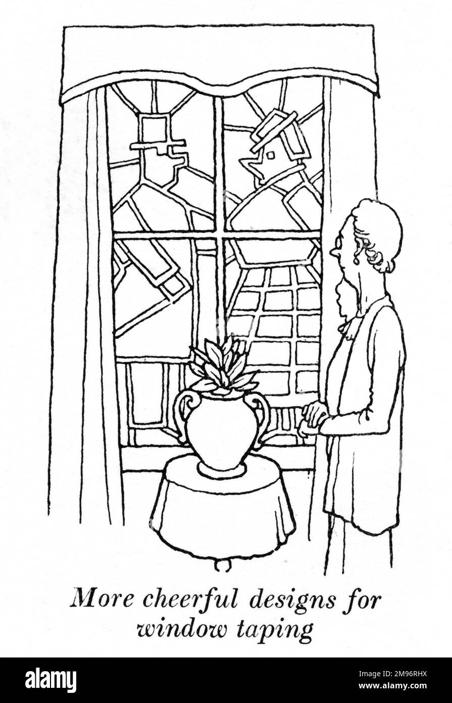 Heath Robinson - Wartime Cartoons - WWII.  More cheerful designs for window taping. Stock Photo