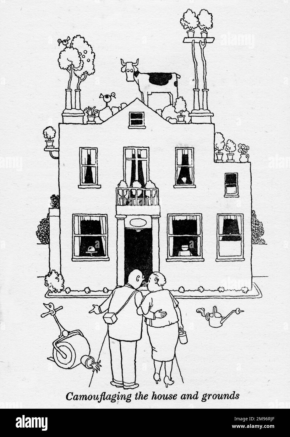 Heath Robinson - Wartime Cartoons - WWII.  Camouflaging the house and grounds. Stock Photo