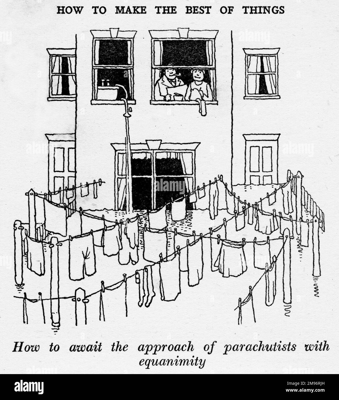 Heath Robinson - Wartime Cartoons - WWII.  How to await the approach of parachutists with equanimity. Stock Photo