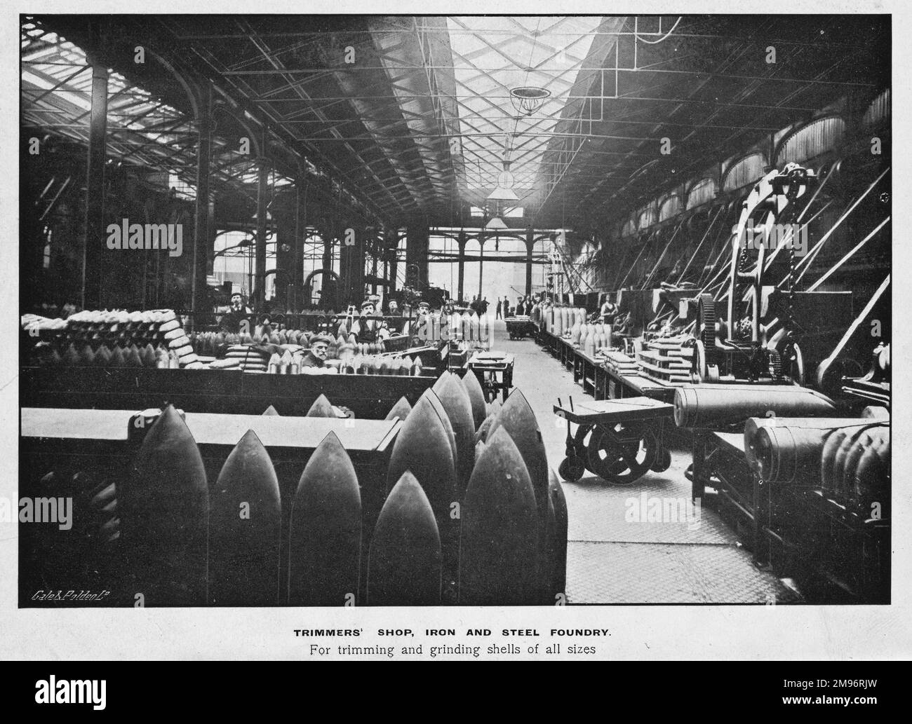 View of the trimmers' shop in the iron and steel foundry,Woolwich Arsenal, south east London, for the trimming and grinding of shells of all sizes. Stock Photo