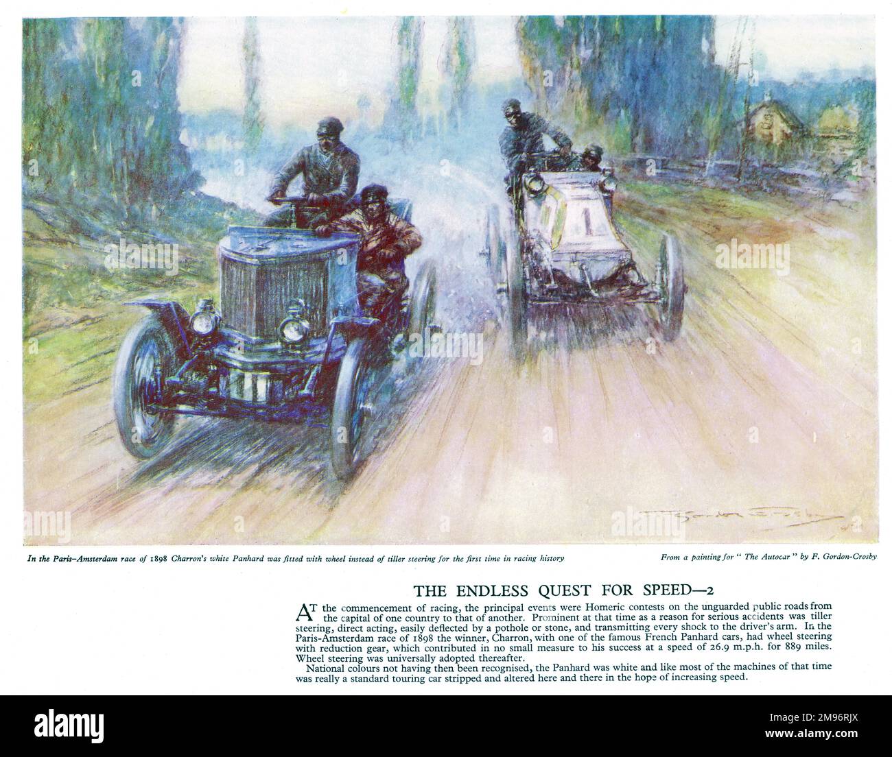 Autocar Poster -- Charron's white Panhard fitted with wheel steering (instead of a tiller) for the first time in racing history, for the Paris-Amsterdam race. Stock Photo
