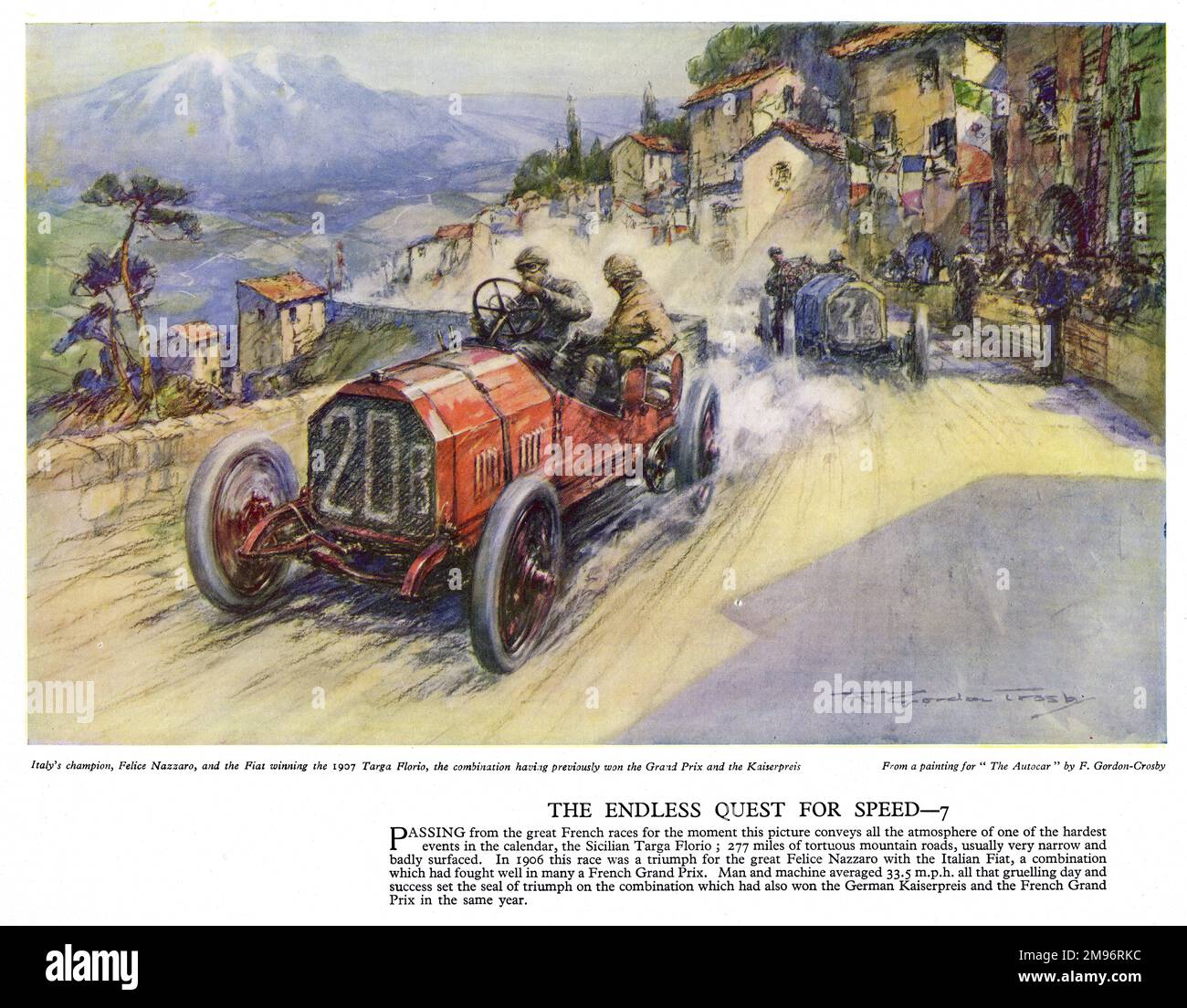 Autocar Poster -- Italian champion Felice Nazzaro driving the Fiat car in which he won the Targa Florio race in Sicily.  His average speed for the race was around 33 mph on gruelling mountain roads. Stock Photo