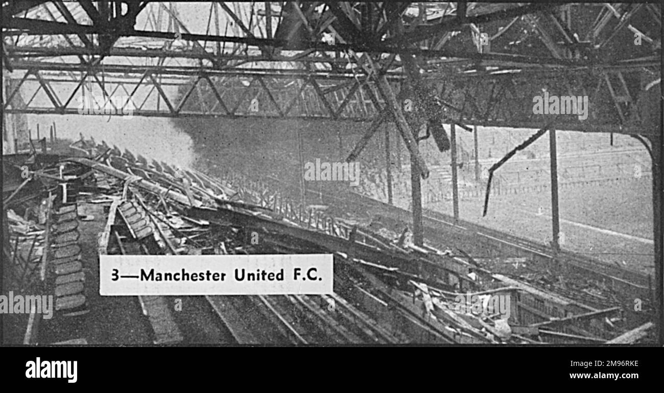 The bomb damaged main stands at Old Trafford, the home of Manchester United Football Club following bombing raids on the city during World War Two. Stock Photo