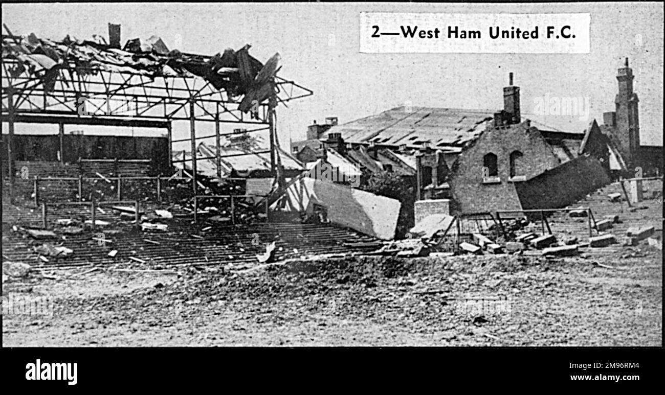 The bomb damaged main stands at Upton Park (the Boleyn Ground), the home of West Ham United Football Club following bombing raids during the blitz on London in World War Two. Stock Photo
