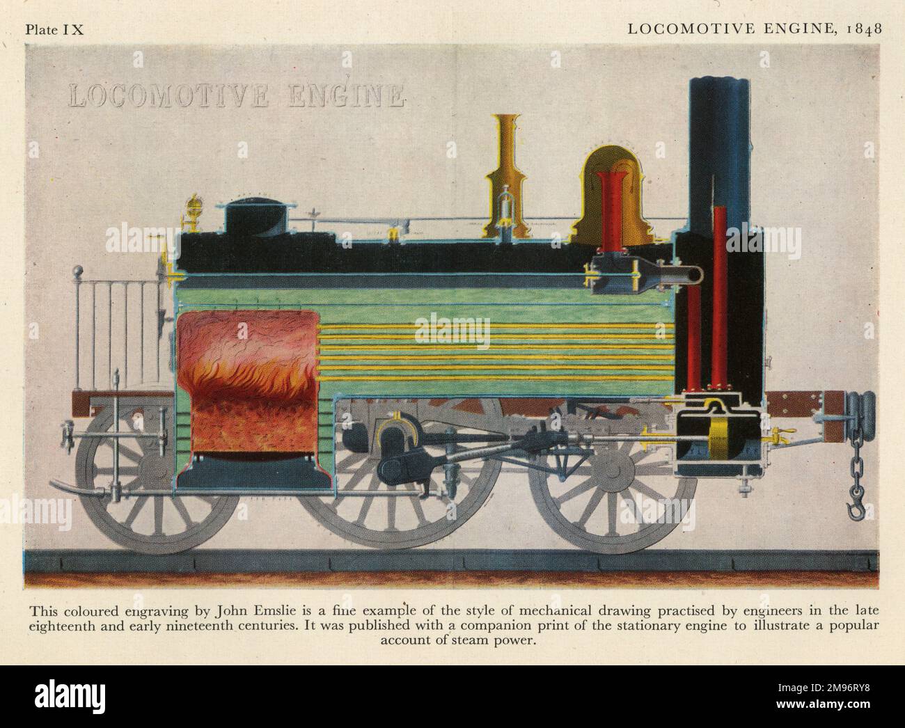 Coloured engaving of a locomotive engine by John Emslie, 1848 Stock Photo