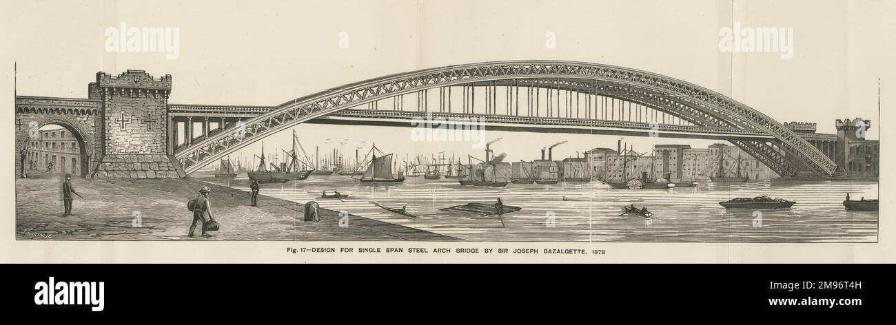 Design for single span steel arch bridge (Tower Bridge) by Joseph Bazalgette, 1878 Stock Photo