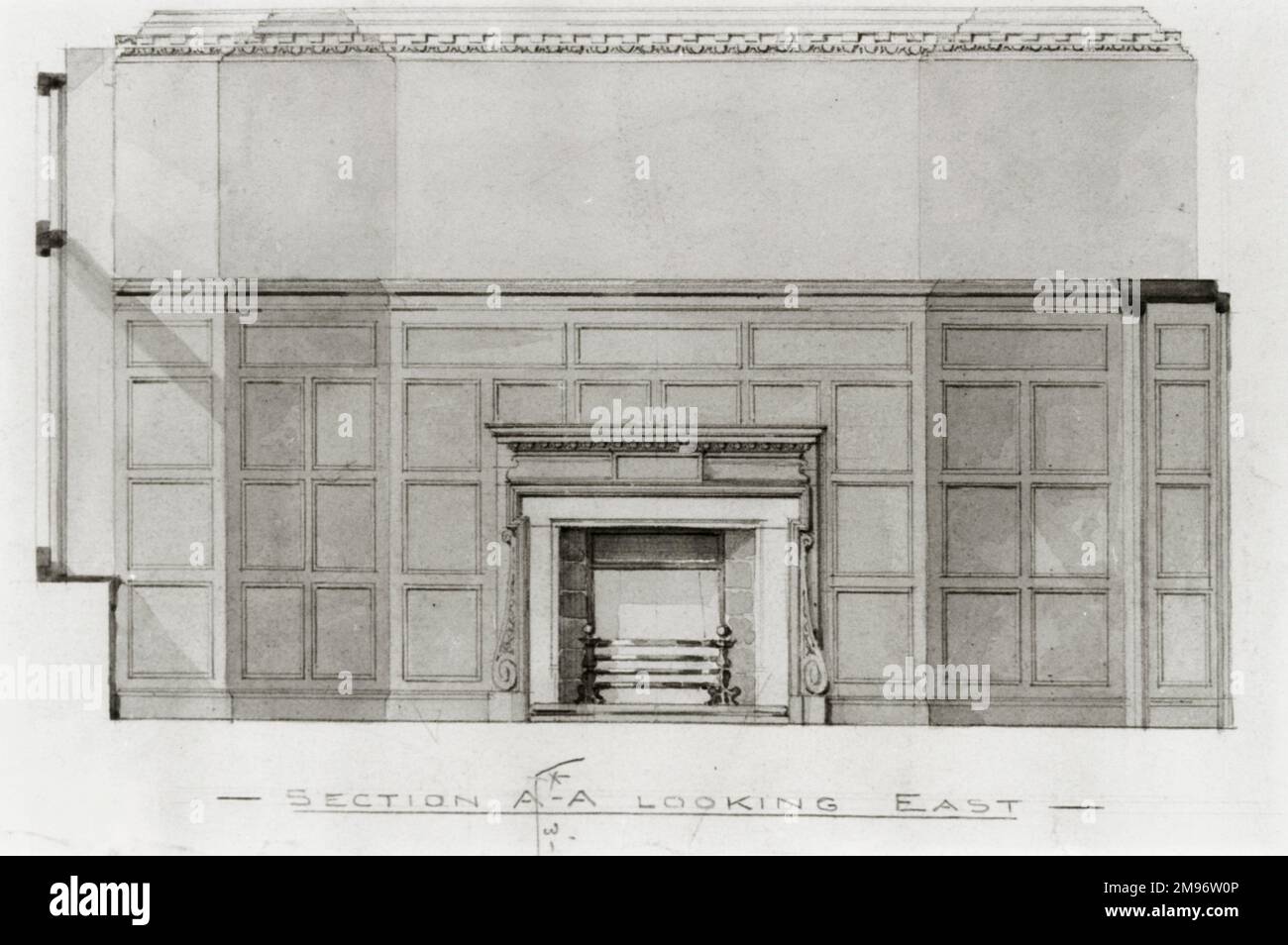 IMechE/ Section A-A – looking east (fireplace): First Commissioner’s room, HM Office of Works, Storey’s Gate, 2 October 1997., by Basil Slade Stock Photo